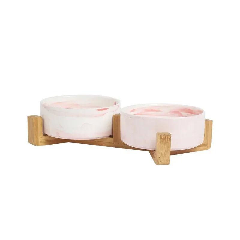 Bol Double en Céramique Effet Marbre avec Support Bois – Gamelle Design Premium Chien & Chat | Mascoto & Co
