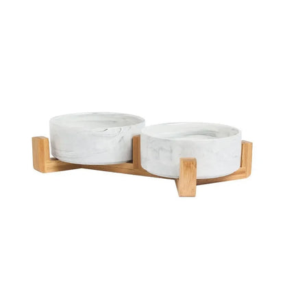 Bol Double en Céramique Effet Marbre avec Support Bois – Gamelle Design Premium Chien & Chat | Mascoto & Co